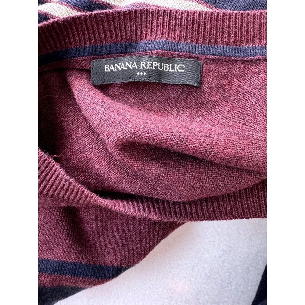 Banana Republic Men's Large Striped Crew Neck Sweater Burgundy Navy Cotton Blend